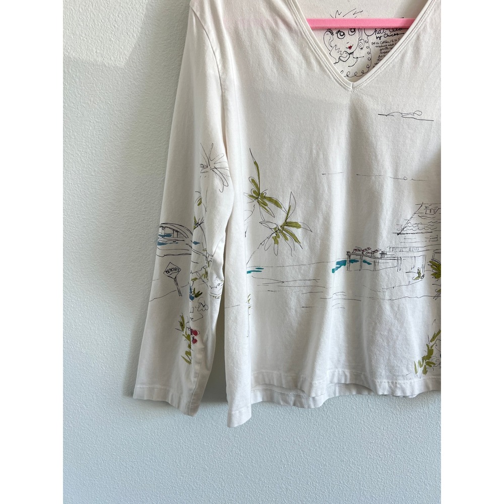 Chico's Chat-Tees V-Neck Long Sleeve Graphic Cream Tee 3 Vacation Beach Resort - Picture 2 of 6